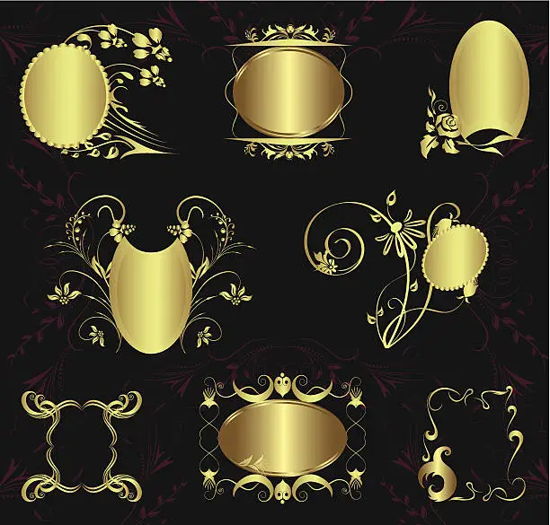 Vector illustration of Set of gold frames on floral background