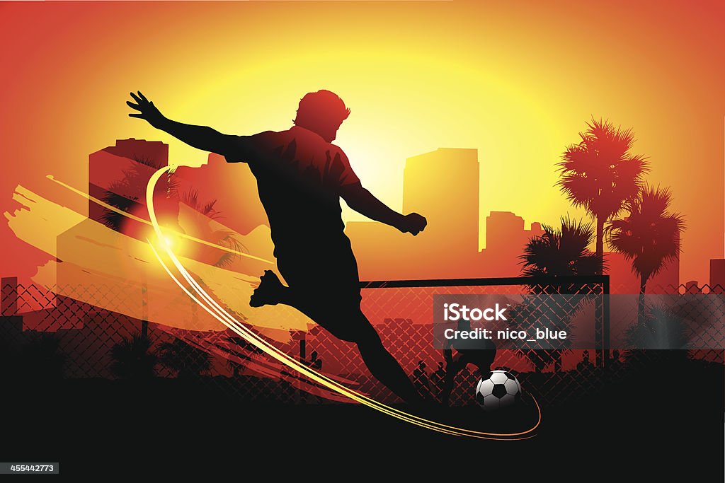 City soccer EPS 10 vector silhouette of a street soccer scene with a player winding up for a shot with the goalie guarding the goal post in the background. Soccer stock vector