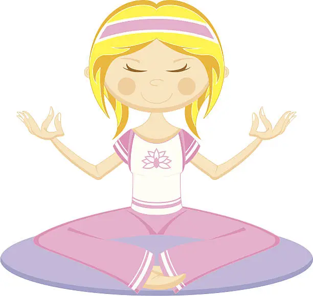 Vector illustration of Cute Cartoon Yoga Girl on Mat