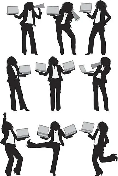 Vector illustration of Multiple images of a businesswoman with laptop and bullhorn