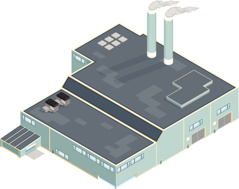 A detailed vector illustration of an industrial manufacturing production plant with chimneys emitting pollution.