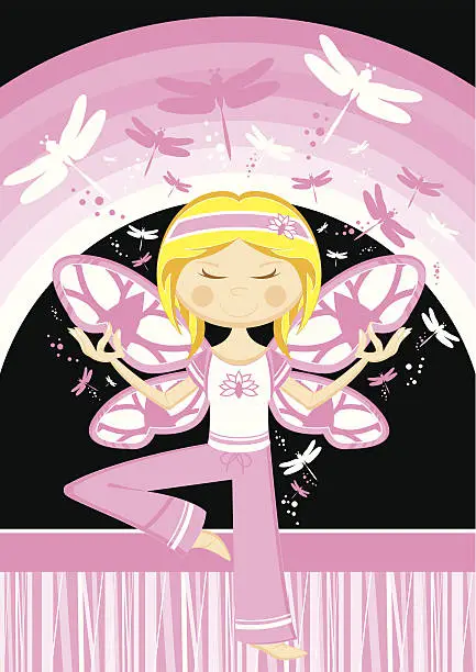 Vector illustration of Yoga Girl with Dragonflies