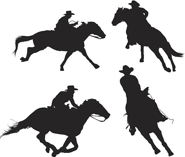 ilustraciones, imágenes clip art, dibujos animados e iconos de stock de múltiples siluetas de rodeo - rodeo cowboy horse silhouette