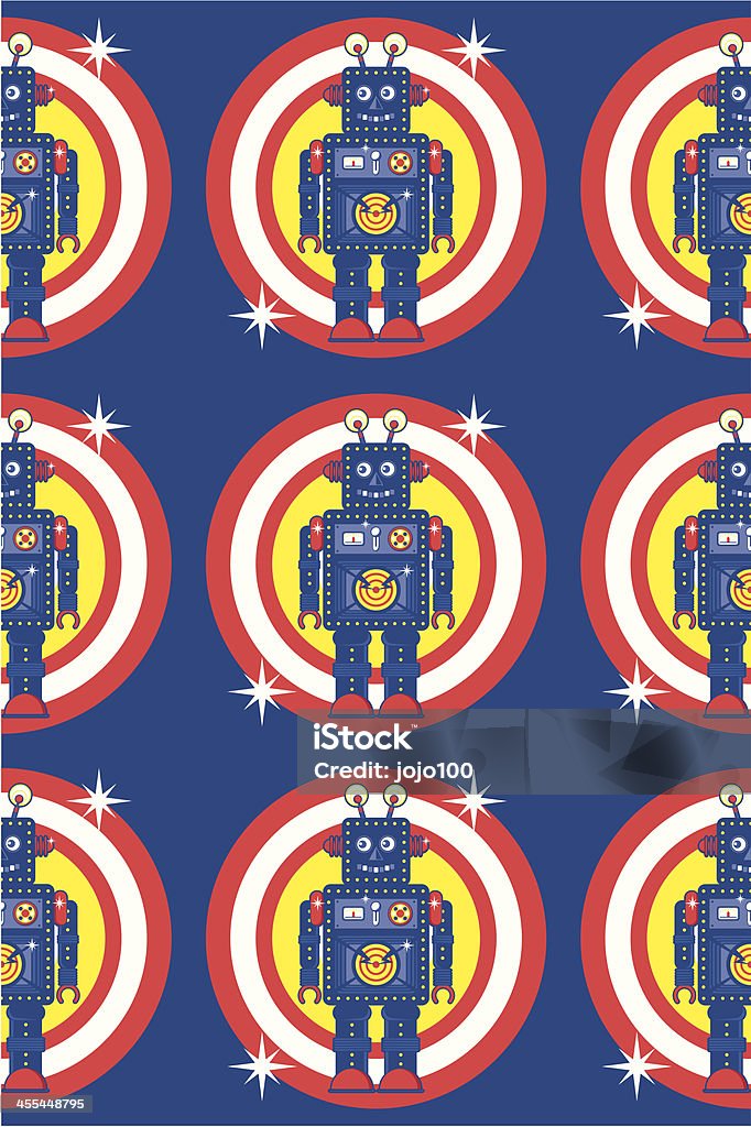 Tin Robot Seamless Repeat Pattern Retro style tin robot in a seamless repeat pattern on a blue target background - ideal for children. Robot stock vector