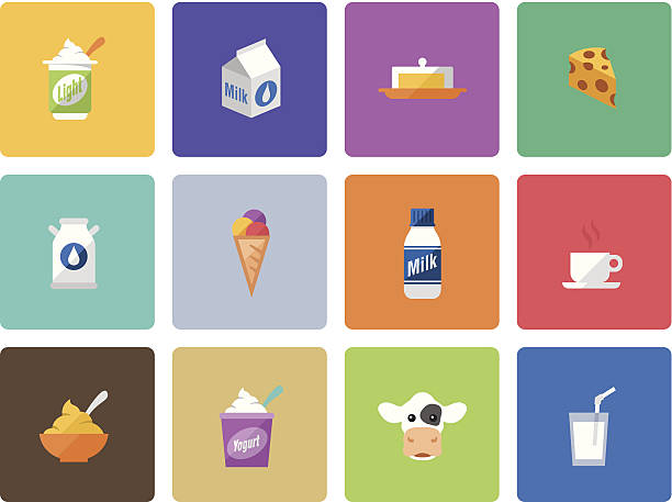 ilustraciones, imágenes clip art, dibujos animados e iconos de stock de conjunto de iconos de color de productos lácteos - butter dairy product yogurt milk