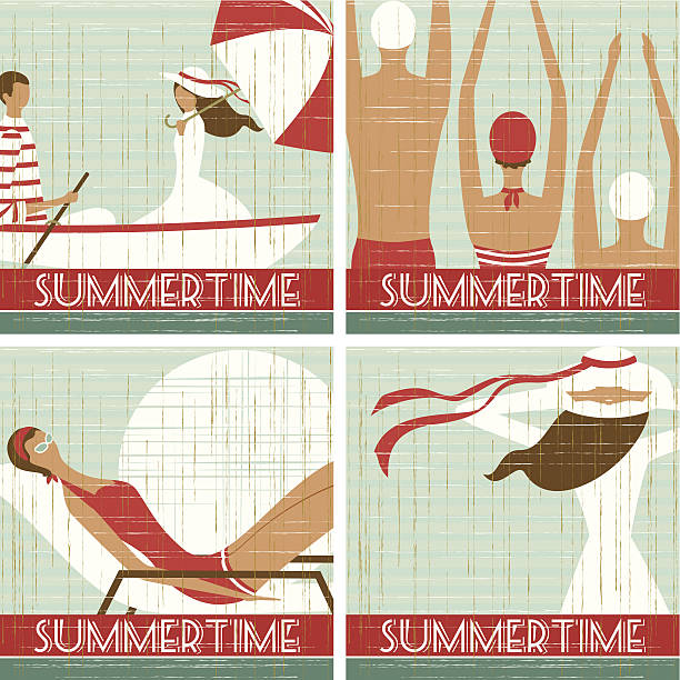 ilustrações, clipart, desenhos animados e ícones de cenas de verão - old fashioned swimwear couple retro revival