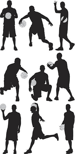 несколько изображений в баскетболист - skill side view jumping mid air stock illustrations