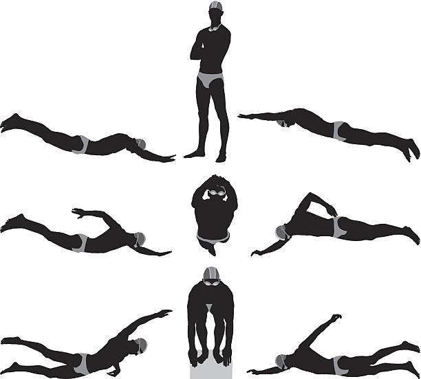 ilustraciones, imágenes clip art, dibujos animados e iconos de stock de macho nadador en acción - silhouette swimming action adult