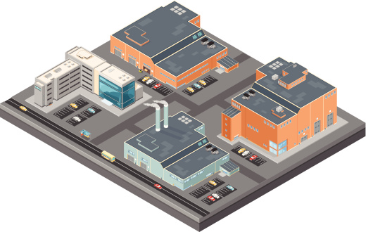 A vector illustration of a large detailed isometric industrial estate with a factory, warehouse and office buildings. As well as public and private transport.
