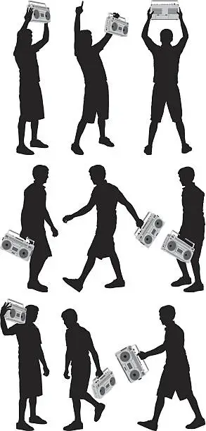 Vector illustration of Multiple images of men with boombox