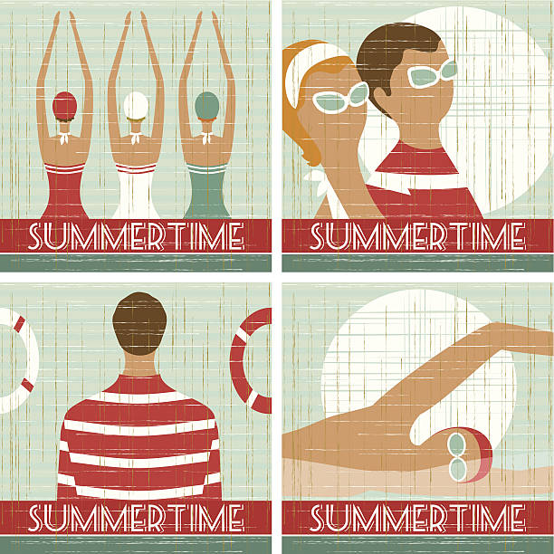 ilustrações, clipart, desenhos animados e ícones de cenas de verão - old fashioned swimwear couple retro revival