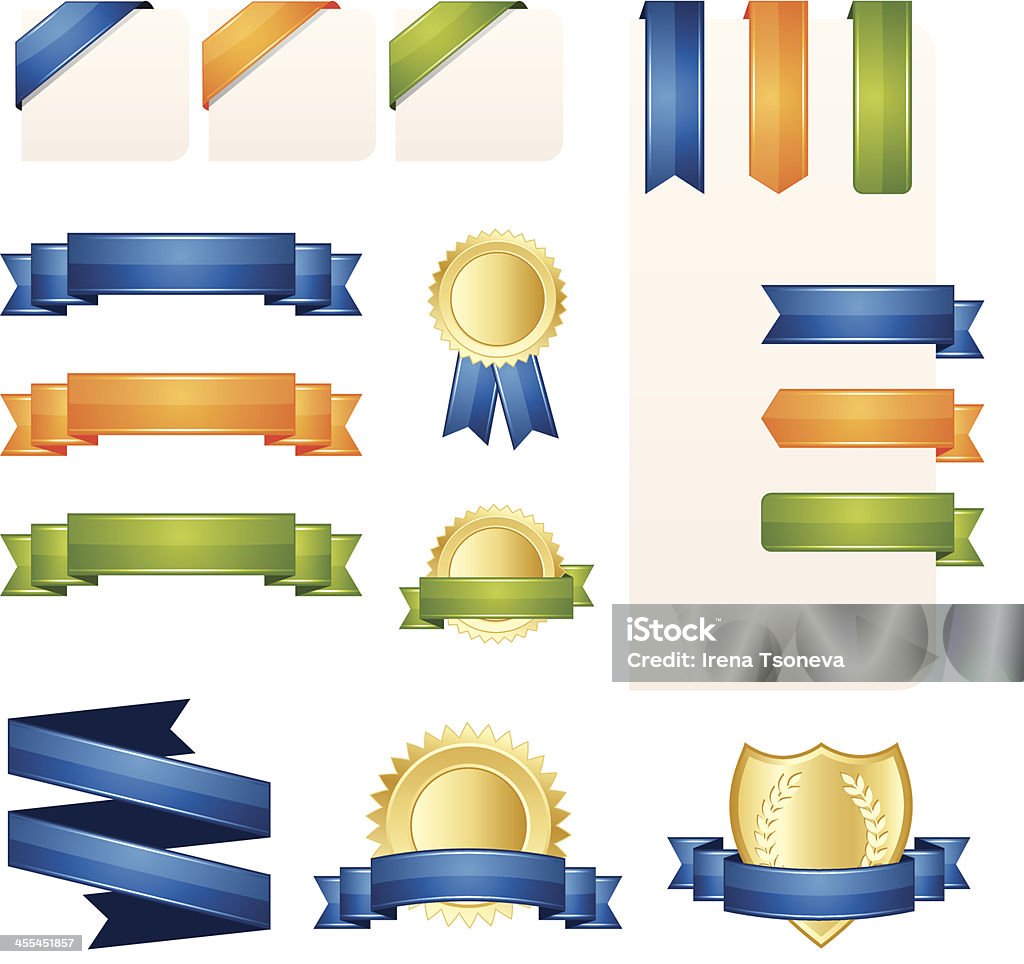 Fita, Banner e conjunto de etiqueta - Vetor de Medalha de ouro royalty-free