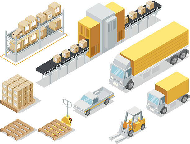 dostawa isometric logistyka - packaging freight transportation pallet isometric stock illustrations