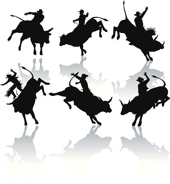 illustrazioni stock, clip art, cartoni animati e icone di tendenza di illustrazioni vettoriali di bull riders - rodeo bull bull riding cowboy