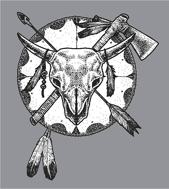 ilustrações, clipart, desenhos animados e ícones de indian motivo-shield, tomahawk, arrow - arrow cherokee weapon black and white