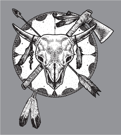 Pen and ink illustration of an American Indian Motif - Shield, Tomahawk, Arrow. Check out my 