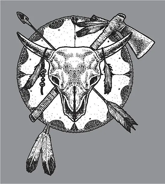 Vector illustration of Indian Motif - Shield, Tomahawk, Arrow