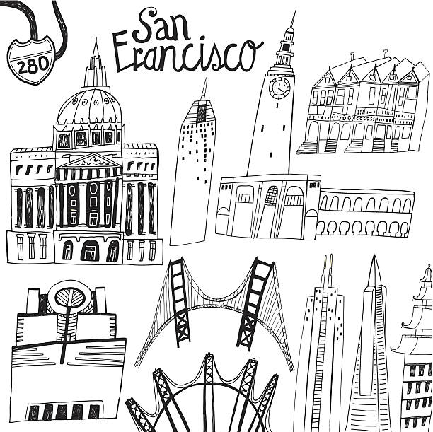 illustrazioni stock, clip art, cartoni animati e icone di tendenza di famosi edifici, ponti, san francisco, california, usa - golden gate bridge illustrations