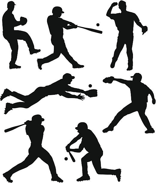 ilustraciones, imágenes clip art, dibujos animados e iconos de stock de siluetas de béisbol - baseball player baseball sport catching