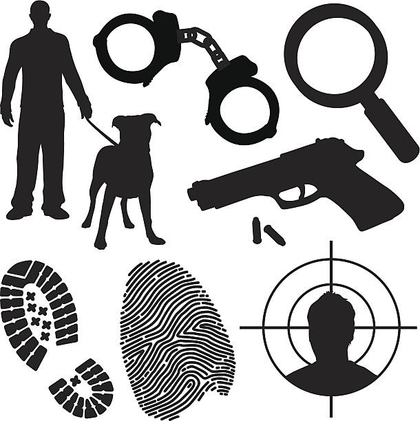 Crime and Law Enforcement Symbols Crime, punishment, police and detective symbols and silhouettes.  interview event silhouettes stock illustrations