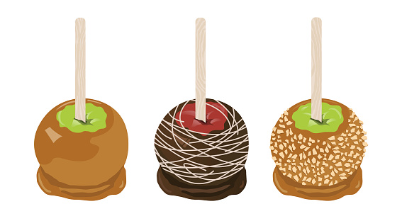Three caramel apples – one plain, one with chocolate and white chocolate swirls and one with nuts. Each on a separate layer.