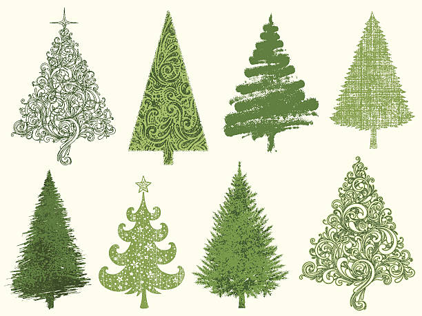 Christmas Tree Elements Group of hand drawn,painted and textured trees.All elements are separate. File is layered and global colors used.Hi res jpeg included.More works like this linked below. retro revival vector illustration and painting swirl stock illustrations