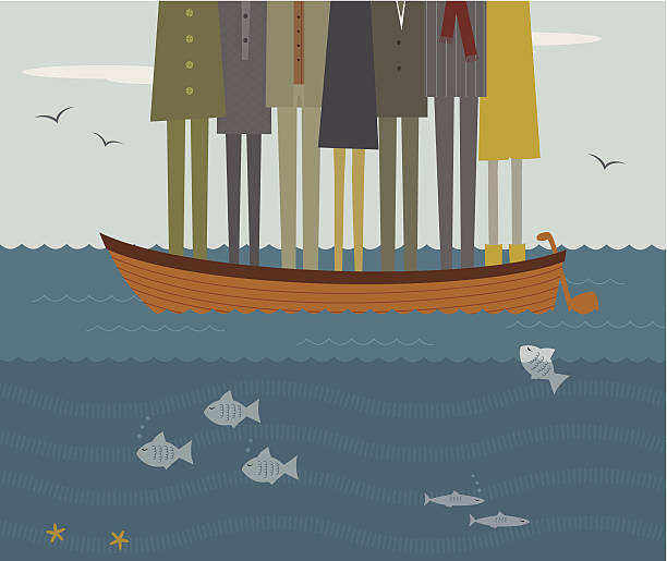 People in a small boat on the water vector art illustration