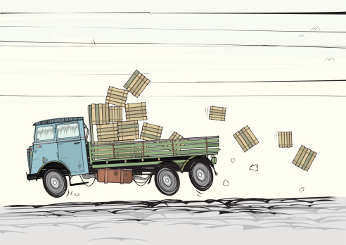 An old trundles down a cobbled road, letting its cargo of wooden boxes spill out in its wake. Van, boxes and background are all on their own separate layers as are their colours all for easy editing.