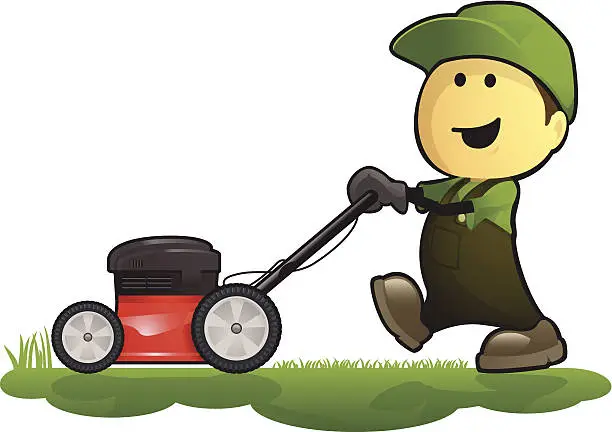 Vector illustration of Gardener and Lawn Mower