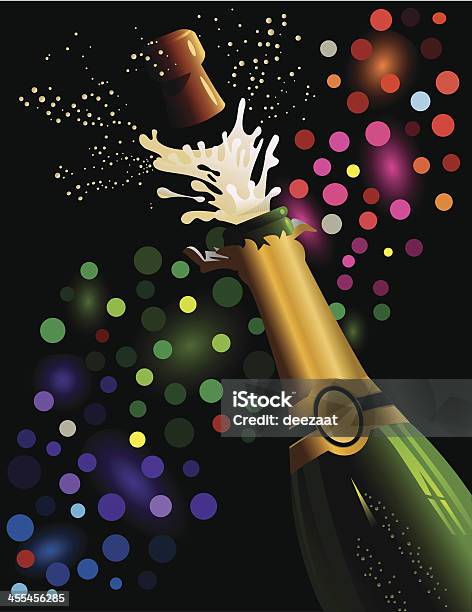 Popping Champagnerflasche Und Korken Stock Vektor Art und mehr Bilder von Beleuchtet - Beleuchtet, Explodieren, Feiern