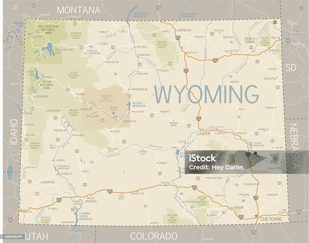 Mapa del estado de Wyoming - arte vectorial de Wyoming libre de derechos