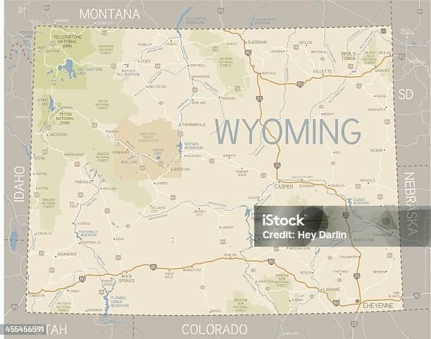 Ilustración de Mapa Del Estado De Wyoming y más Vectores Libres de Derechos de Wyoming - Wyoming, Mapa, Mapa de carretera