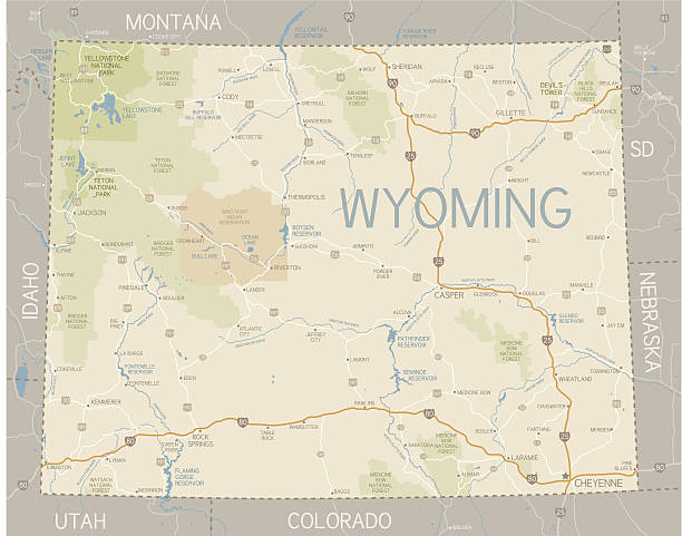 Wyoming State Map A detailed map of Wyoming state with major rivers, lakes, roads and cities plus National Parks, national forests and indian reservations.  wyoming stock illustrations