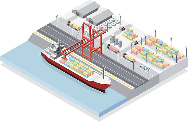 illustrazioni stock, clip art, cartoni animati e icone di tendenza di isometrica, porto - passenger ship ferry crane harbor