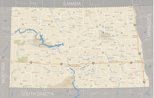 A detailed map of the state of North Dakota, including surrounding states. Includes major highways, cities, rivers and lakes. Elements are grouped and separate for easy changes. Includes an extra-large JPG so you can crop in to the area you need. 