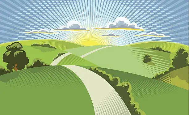 Vector illustration of Illustration of sun rising behind rolling hills
