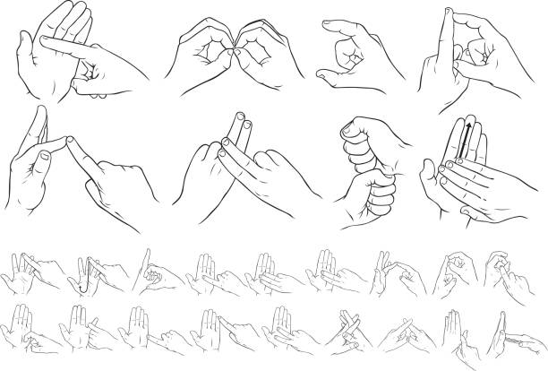 British two handed sign language Vector line drawings of the two handed sign language alphabet from A to Z (left to right). sign language class stock illustrations