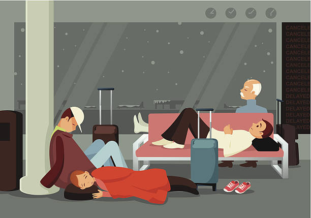 illustrazioni stock, clip art, cartoni animati e icone di tendenza di dormire in aeroporto - delayed