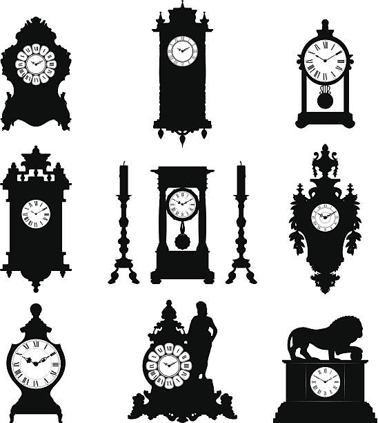 antique clocks silhouettes - duvar saati illüstrasyonlar stock illustrations