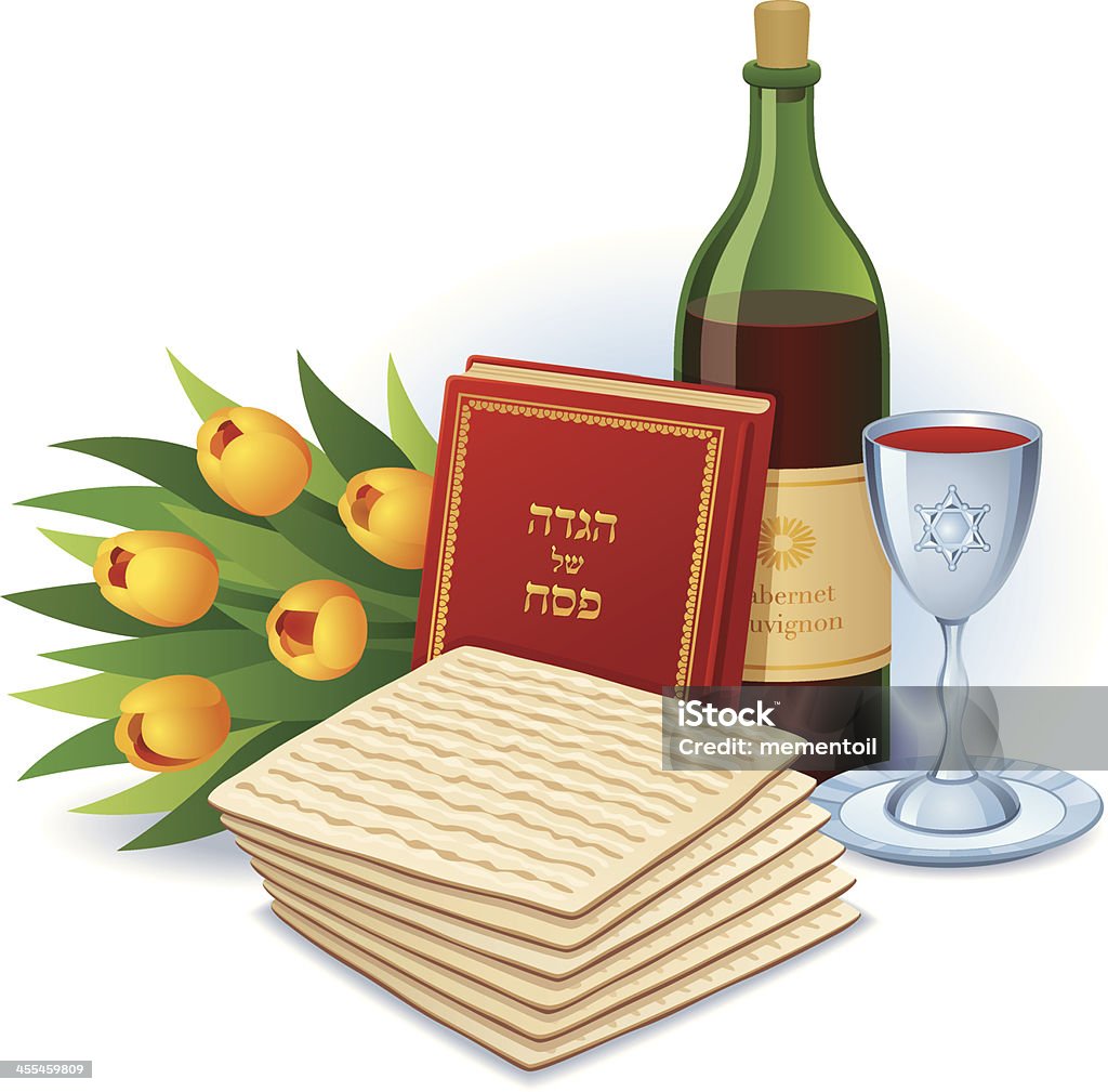 Happy Passover A colorful theme for the Jewish holiday of Passover, Including Matzoh (traditional unleavened bread), Haggadah (traditional text which is read during the Seder ceremony), A bottle of wine and a silver Kiddush cup. A bouquet of tulips adds decoration and hints that spring has arrived.   Passover stock vector