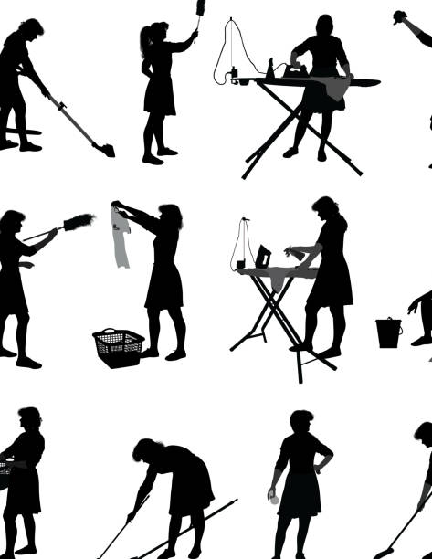 Housewife housewife silhouette illustration. iron laundry cleaning ironing board stock illustrations