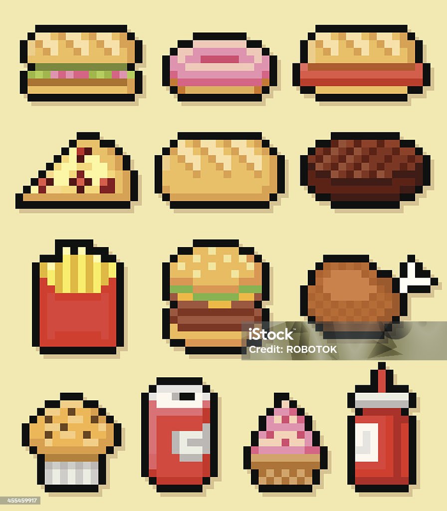 Fast Food Fast food icons in pixel art. Pixel Art stock vector