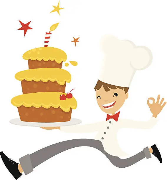 Vector illustration of Running chef with cake