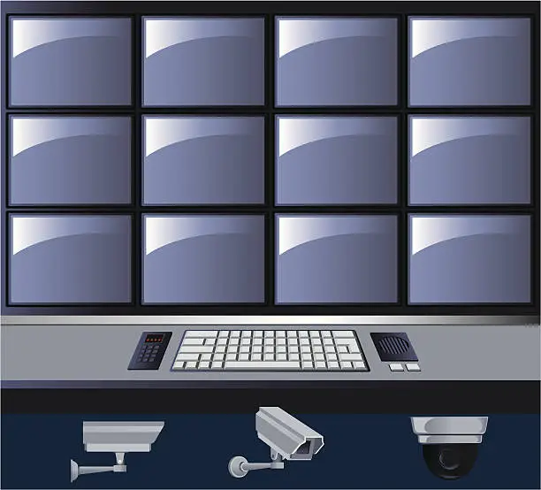 Vector illustration of Graphic of a security control room with TV screens