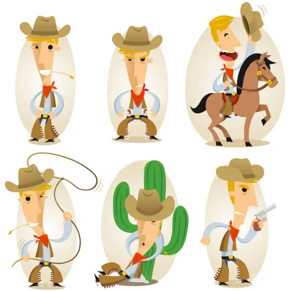 Vector illustration of Cowboy Gun horse Rope Hat Cactus in Action Set