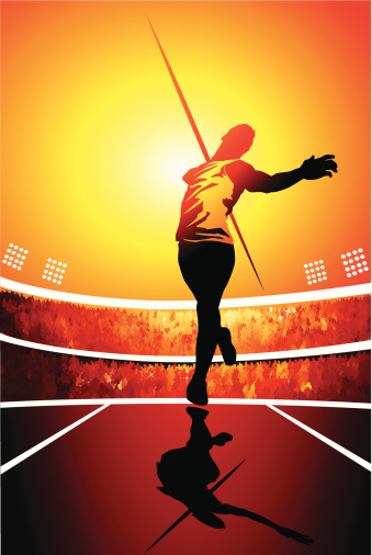 Vector illustration of a silhouetted javelin thrower making his run with his arm pulled back about to release.