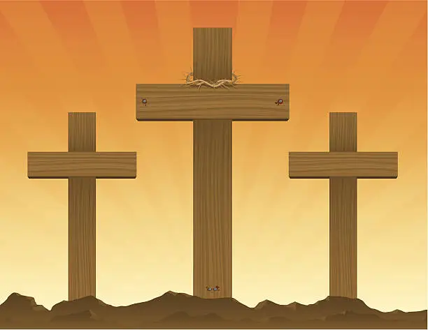 Vector illustration of Three wooden crosses and a crown of thorns