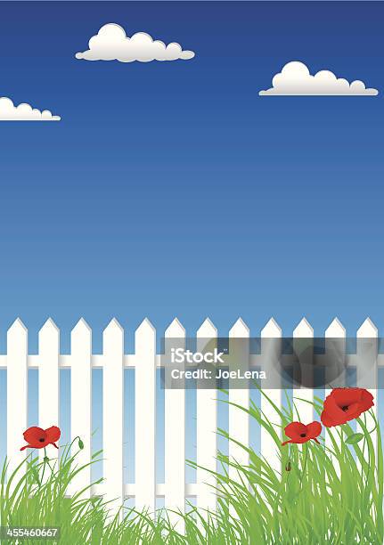 White Gartenzaun Und Poppies Auf Dem Himmel Hintergrund Stock Vektor Art und mehr Bilder von Blume