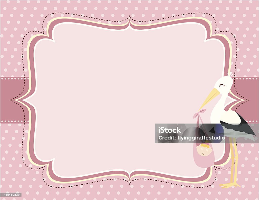 Ładny różowy Baby Girl Bocian karty - Grafika wektorowa royalty-free (Rama)