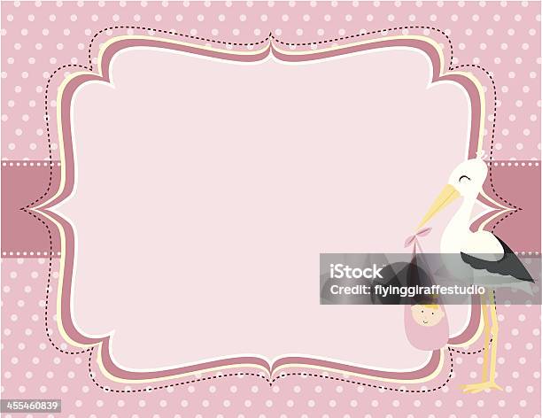 Ładny Różowy Baby Girl Bocian Karty - Stockowe grafiki wektorowe i więcej obrazów Rama - Rama, Niemowlę, Niemowlęta dziewczynki
